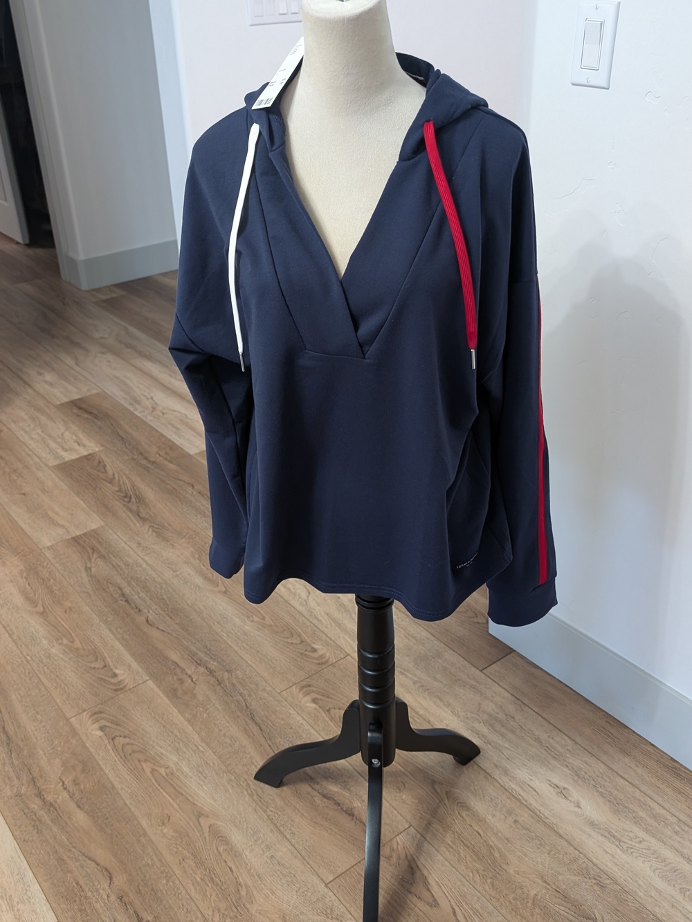 Tommy Hilfiger Navy V-Neck Hoodie with Red & White Drawstrings